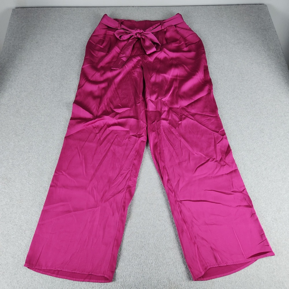 Maurices Pants Womens Large Magenta Satin Holiday High Rise Tie Waist Wide Leg